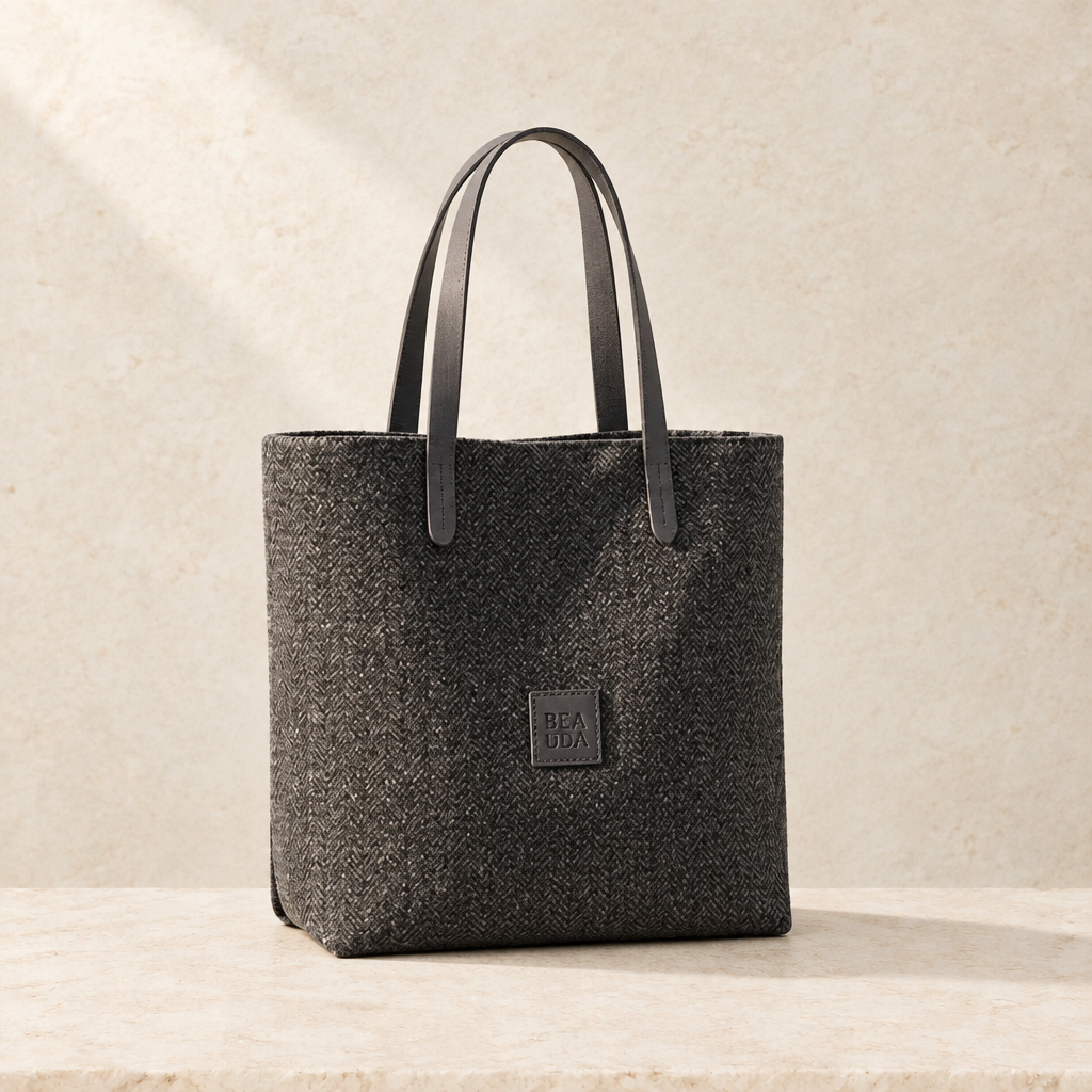 The Bishopsgate charcoal tweed bag on pale limestone